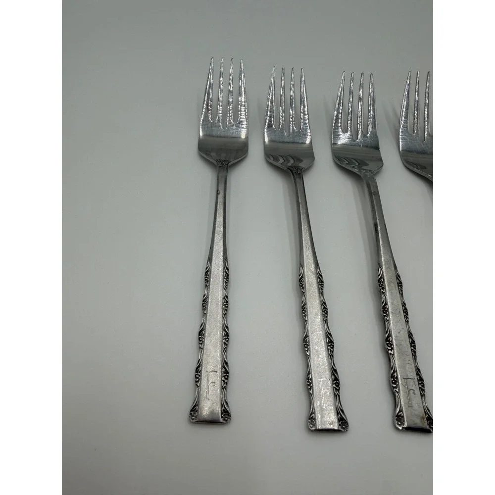 Ekco Eterna Japan Stainless Steel Dinner Forks Set of 4 Monogram F Floral Scroll